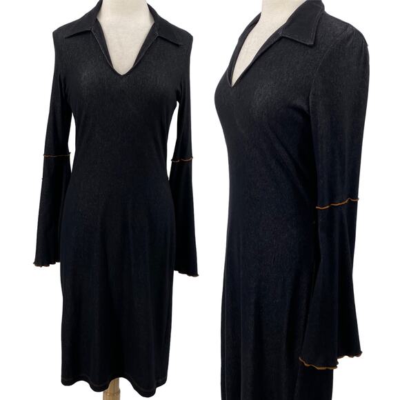 Vintage Dresses & Skirts - Vintage Y2k Bell Sleeve Stretch Cotton Denim Dress Collared V Neck Dark Wash M